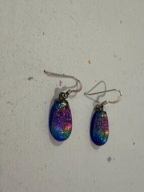 Dichroic Rainbow Glass Drop Earrings - Blue Multicolor